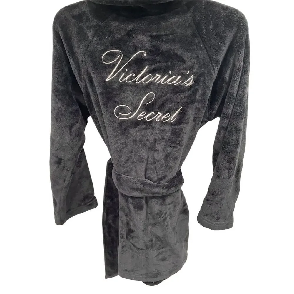 Victoria's Secret Women's Black‎ Plush Velour Knee Length Belted Robe XS